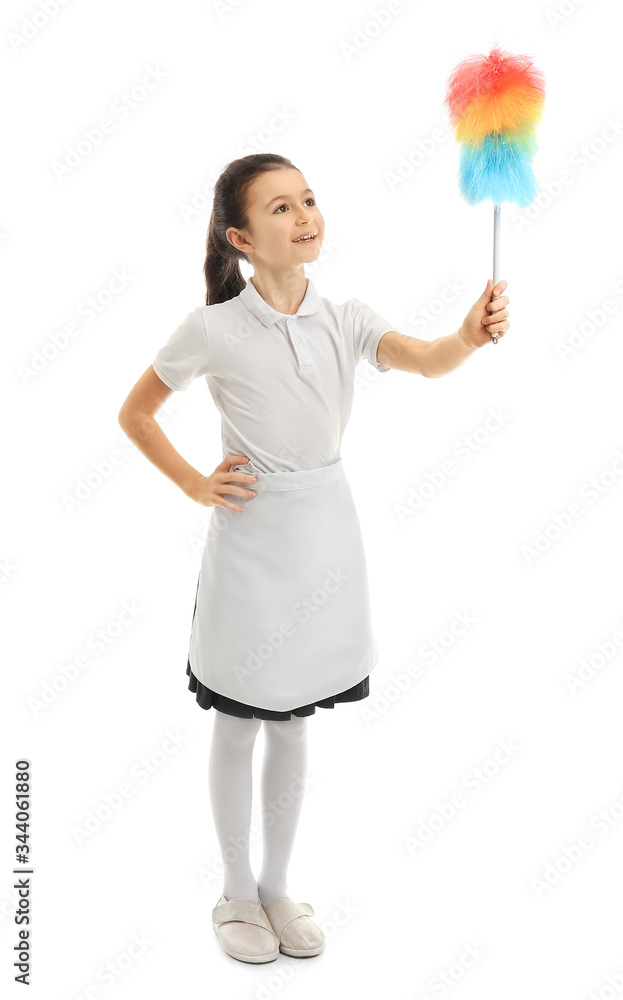 Cute little chambermaid on white background