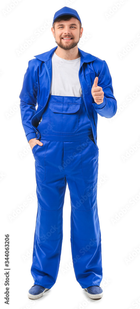 Male truck driver showing thumb-up on white background