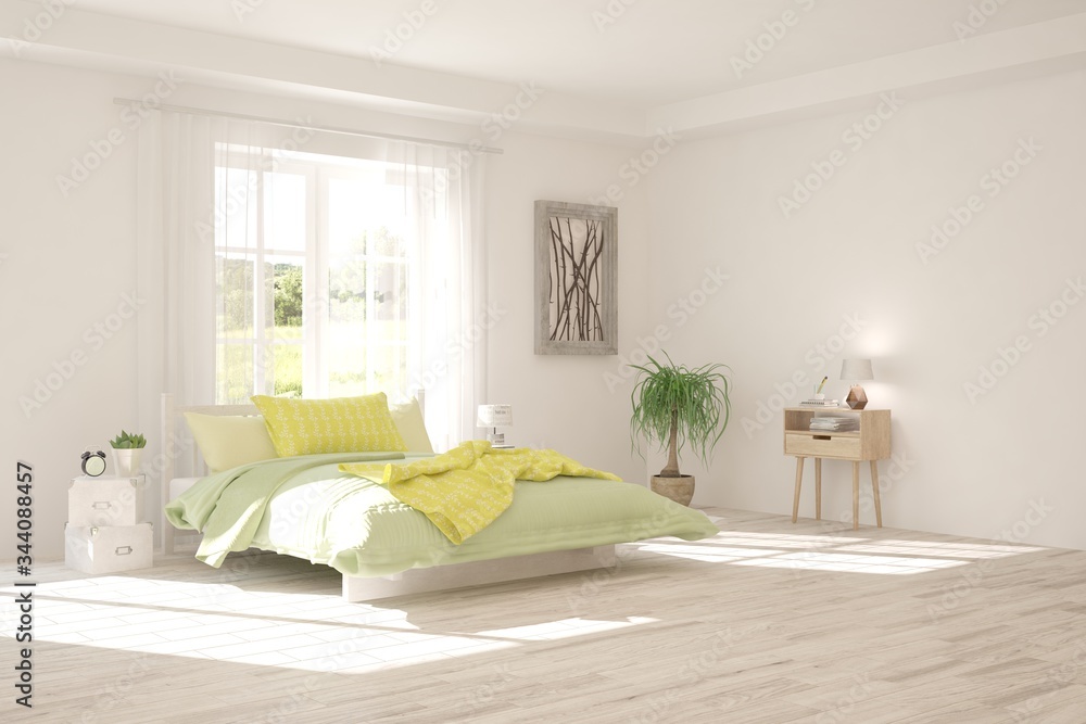 White bedroom interior. Scandinavian design. 3D illustration