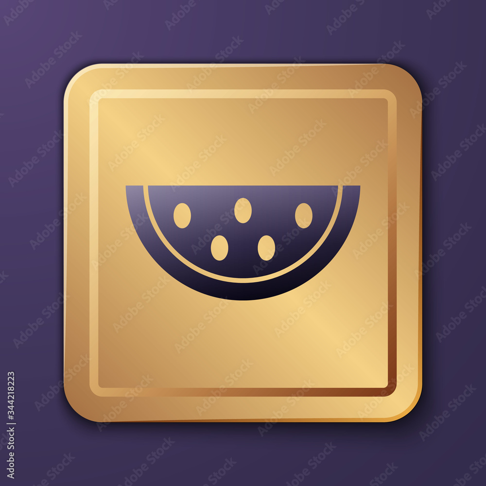 Purple Watermelon icon isolated on purple background. Gold square button. Vector Illustration