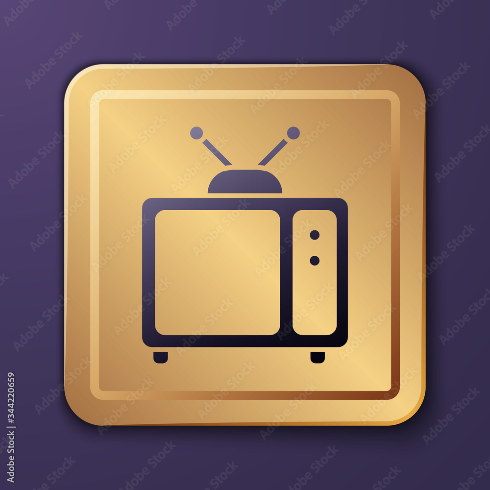 Purple Retro tv icon isolated on purple background. Television sign. Gold square button. Vector Illu