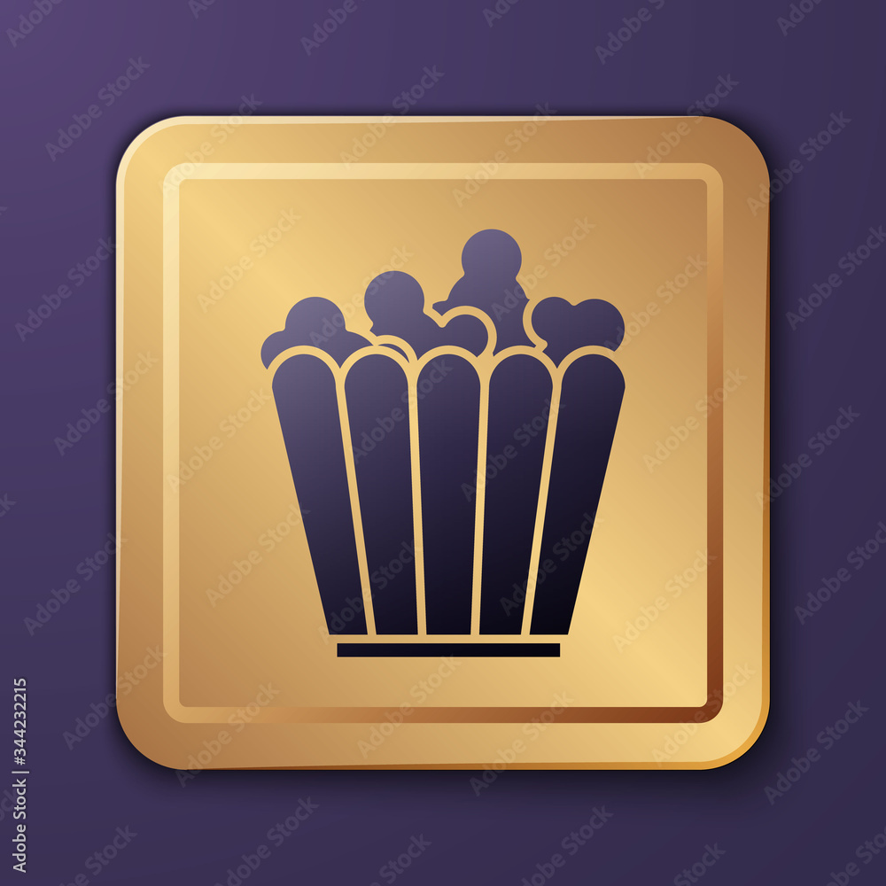 Purple Popcorn in cardboard box icon isolated on purple background. Popcorn bucket box. Gold square 