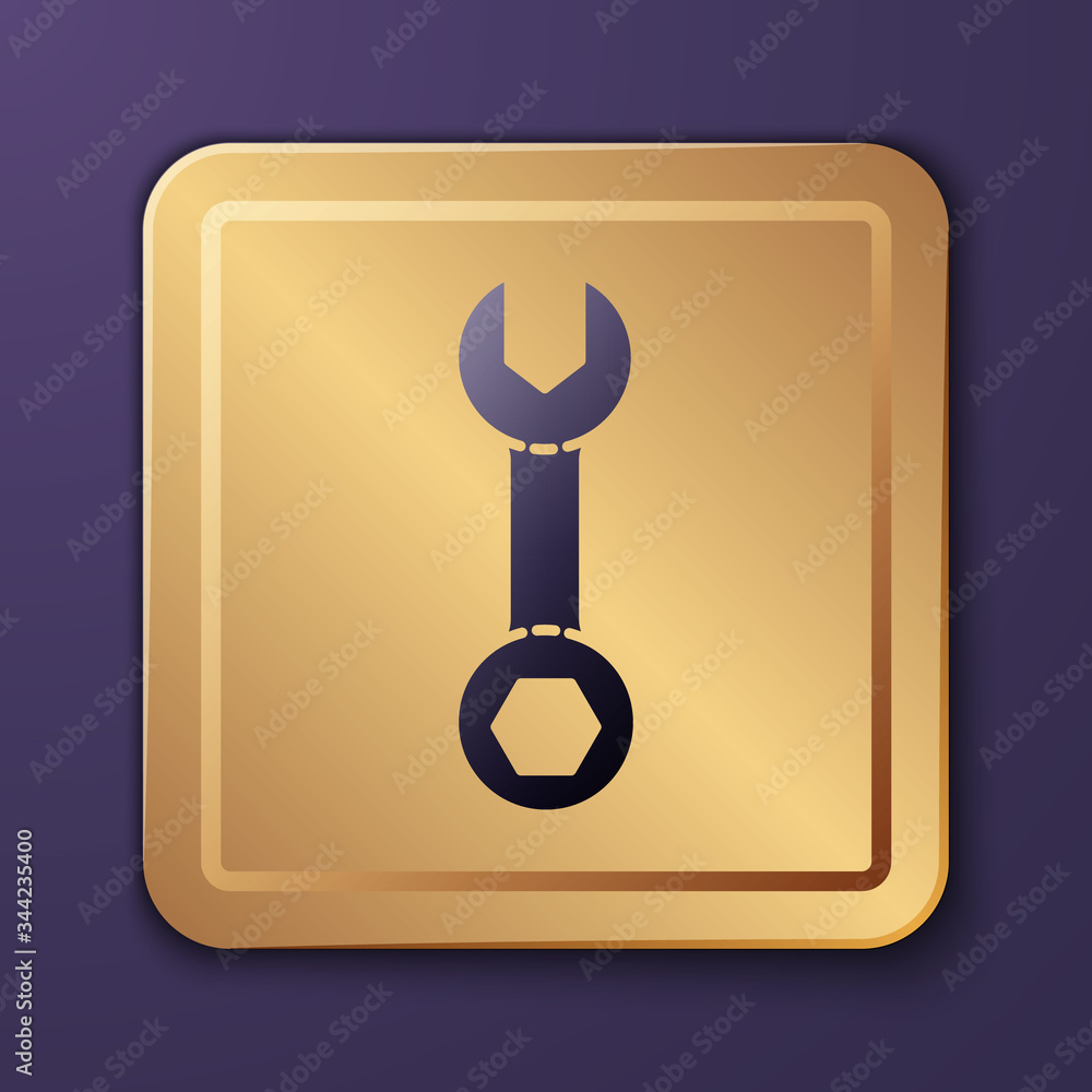 Purple Wrench spanner icon isolated on purple background. Gold square button. Vector Illustration