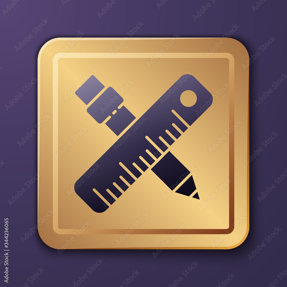 Purple Crossed ruler and pencil icon isolated on purple background. Straightedge symbol. Drawing and