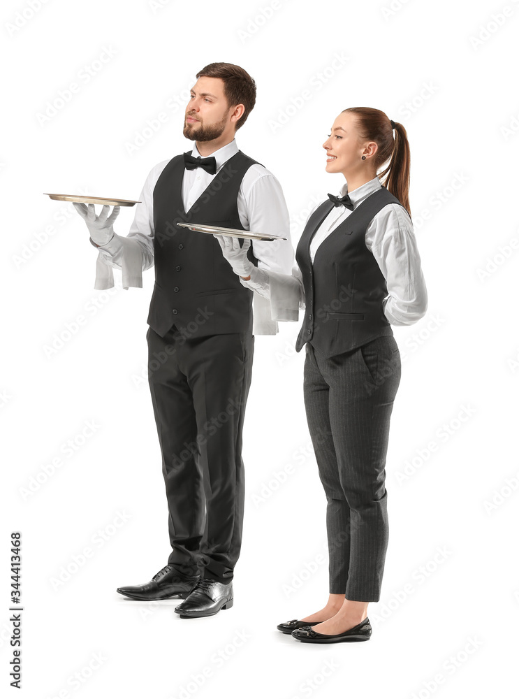 Male and female waiters on white background