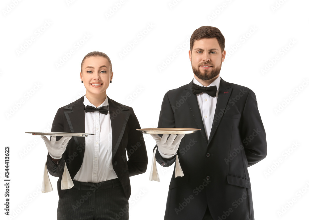 Male and female waiters on white background