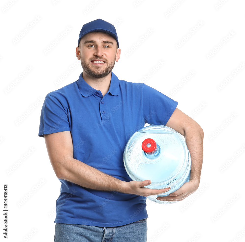 Delivery man with bottle of water on white background