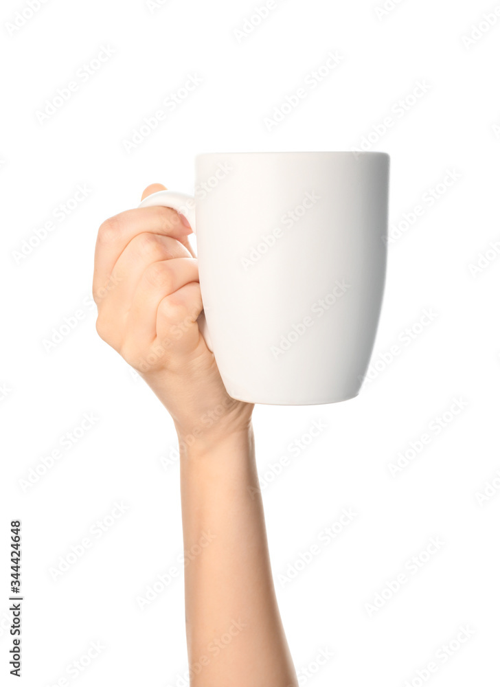 Female hand with blank cup on white background