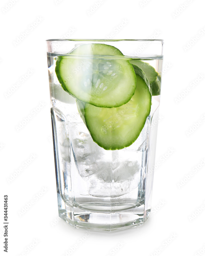 Glass of cucumber infused water on white background