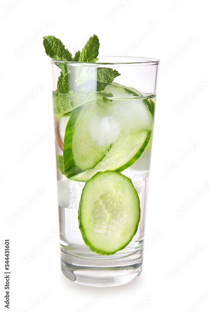 Glass of cucumber infused water on white background