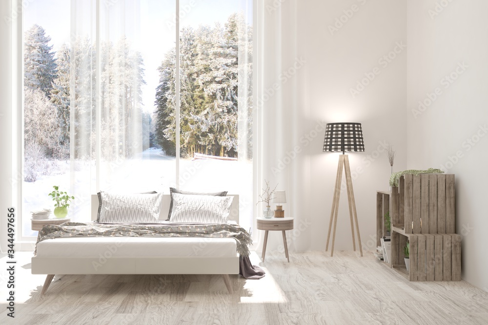 Stylish bedroom in white color with winter landscape in window. Scandinavian interior design. 3D ill