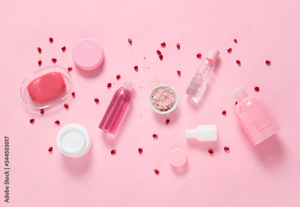 Natural cosmetics on color background