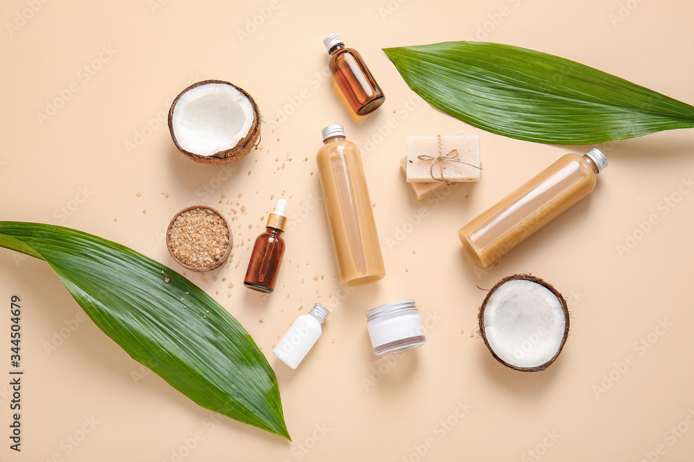 Natural cosmetics with ingredients on color background