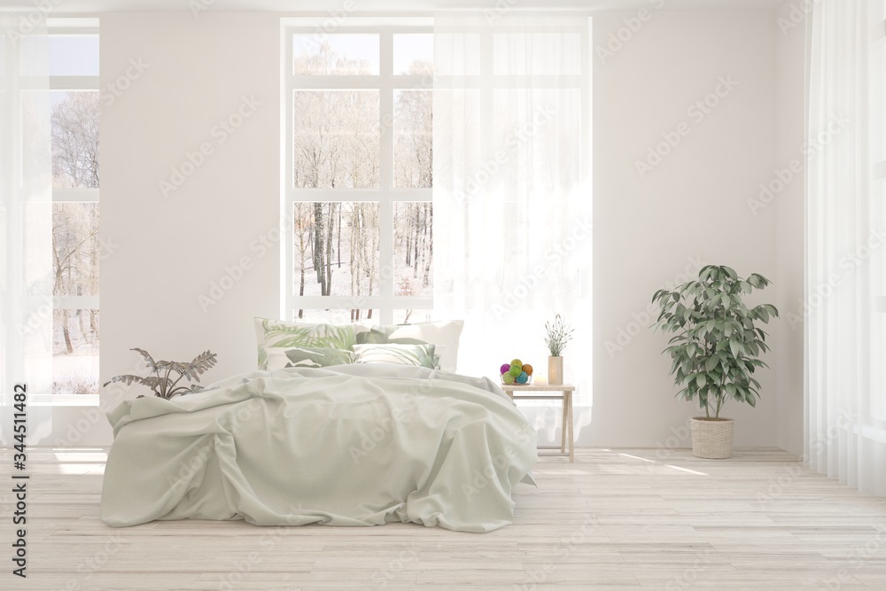 White bedroom interior. Scandinavian design. 3D illustration