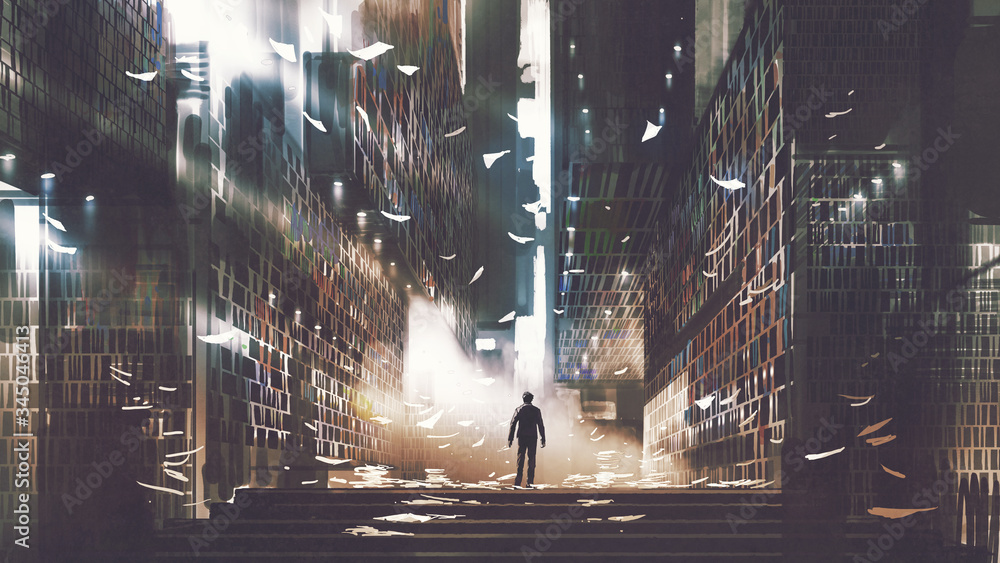 man standing in a mysterious library, digital art style, illustration painting