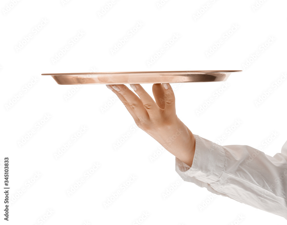 Hand of female waiter with empty tray on white background