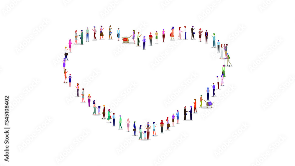 A large group of people stand together in the shape of heart. Vector illustration.  Isolated, white 