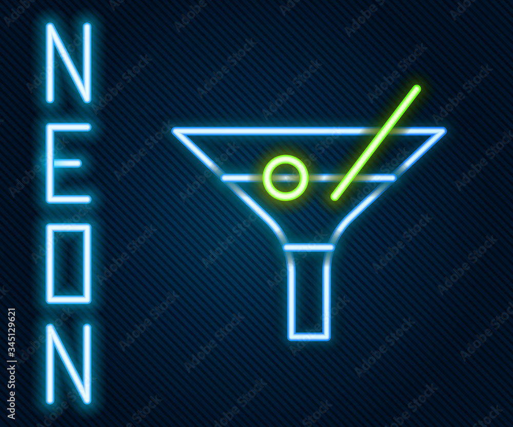 Glowing neon line Martini glass icon isolated on black background. Cocktail icon. Wine glass icon. C