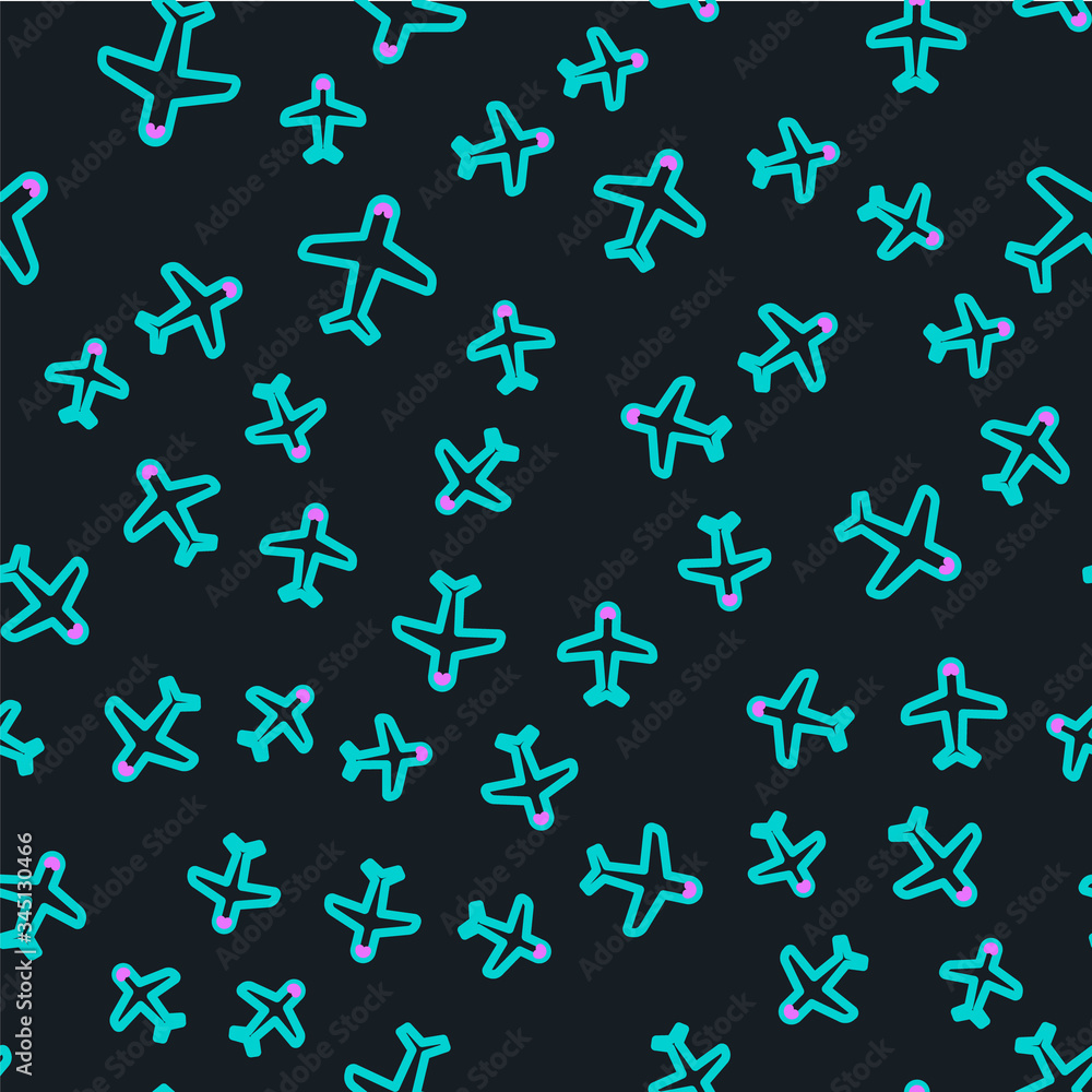 Line Plane icon isolated seamless pattern on black background. Flying airplane icon. Airliner sign. 