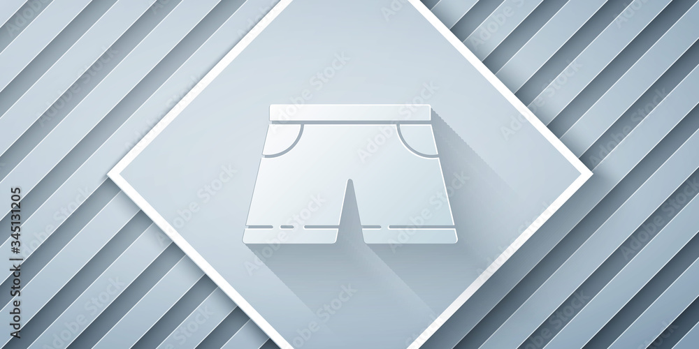 Paper cut Swimming trunks icon isolated on grey background. Paper art style. Vector Illustration