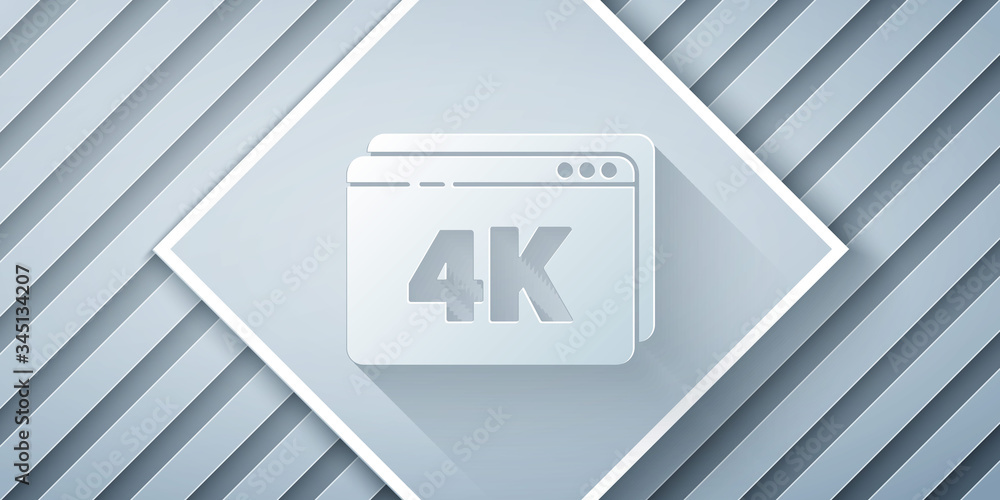 Paper cut Online play video with 4k Ultra HD video technology icon isolated on grey background. Film