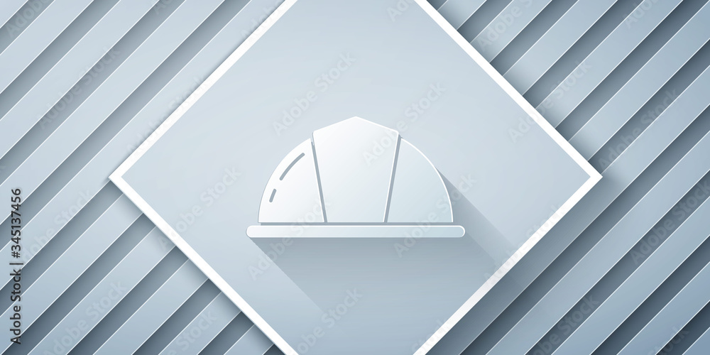 Paper cut Worker safety helmet icon isolated on grey background. Paper art style. Vector Illustratio