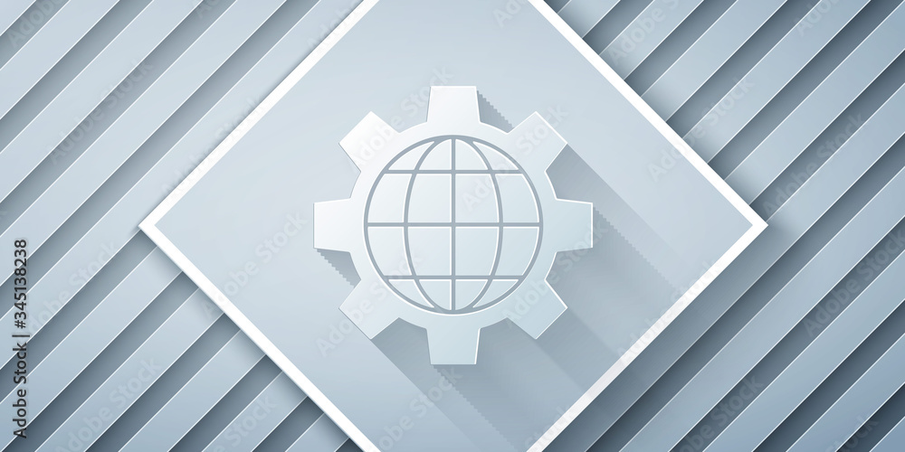 Paper cut Globe of the Earth and gear or cog icon isolated on grey background. Setting parameters. G