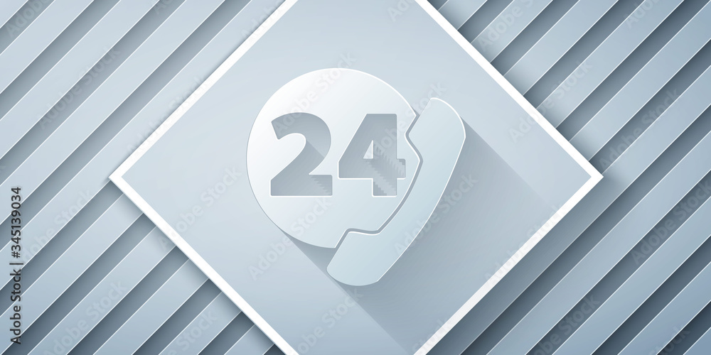 Paper cut Telephone 24 hours support icon isolated on grey background. All-day customer support call