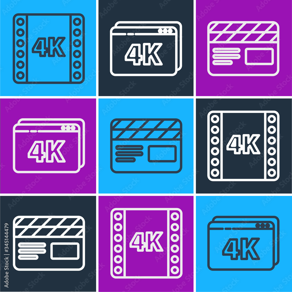 Set line 4k movie, tape, frame, Movie clapper and Online play video with 4k icon. Vector