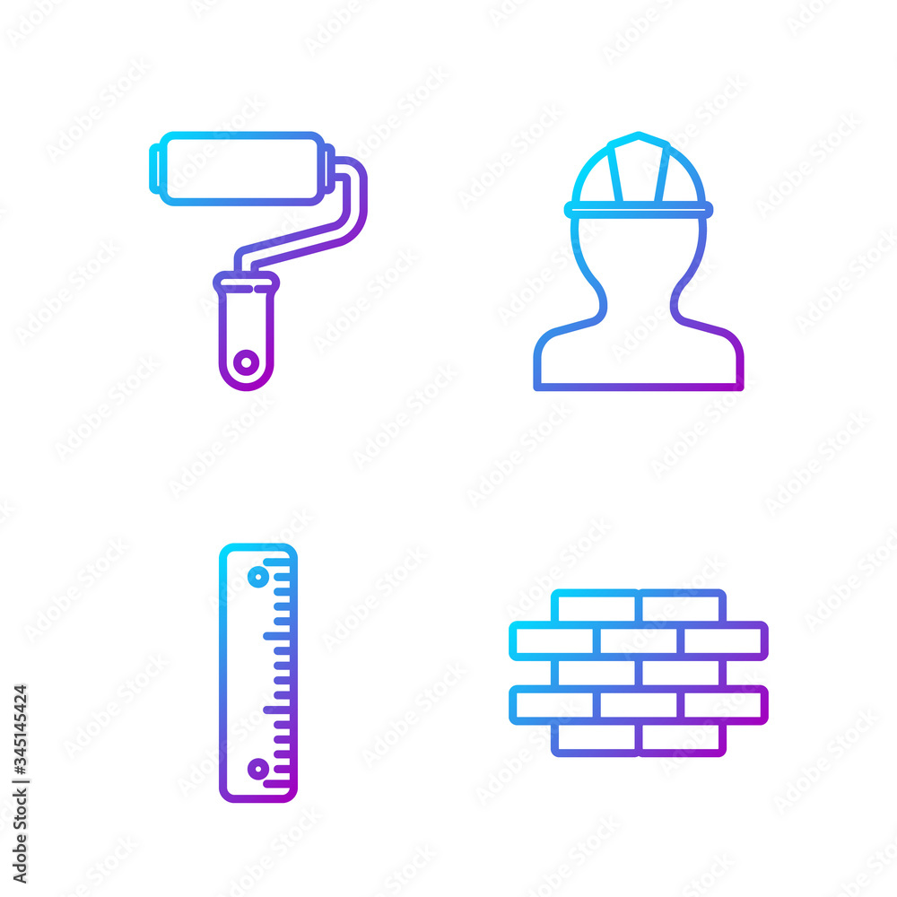 Set line Bricks, Ruler, Paint roller brush and Worker safety helmet. Gradient color icons. Vector