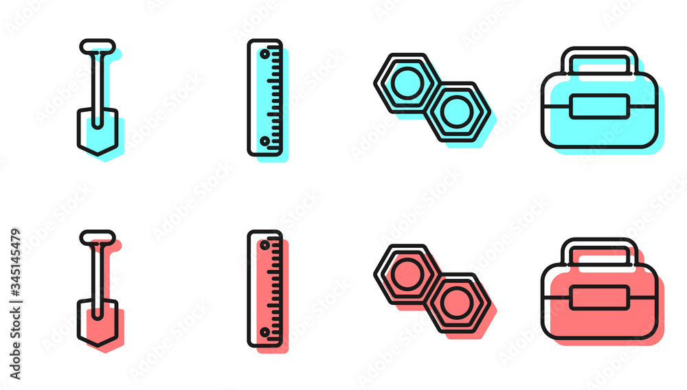 设定线六角金属螺母、铲子、标尺和工具箱图标。矢量
