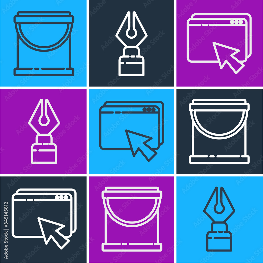 Set line Paint bucket, Web design and development and Fountain pen nib icon. Vector