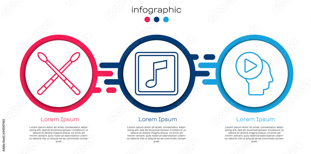 设置线路鼓槌、音乐音符、音调和带播放按钮的Head people。商业信息图templa