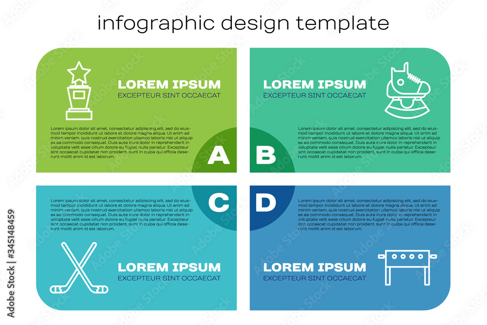 成套冰球棍、奖杯、冰球桌和滑板。商业信息图模板。Vecto