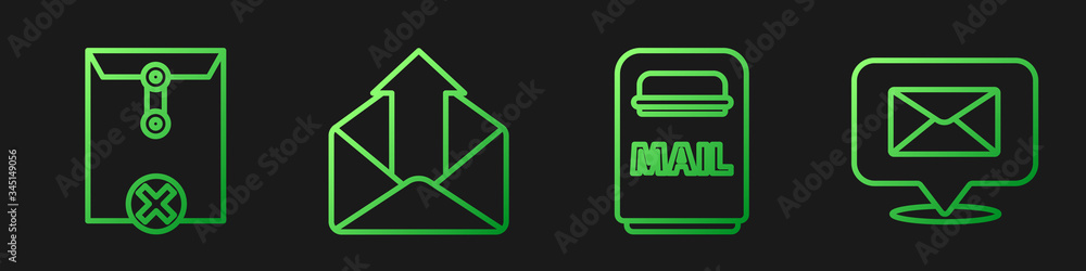 Set line Mail box, Delete envelope, Outgoing mail and Speech bubble with envelope. Gradient color ic