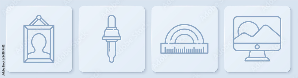 Set line Picture, Protractor, Pipette and Computer monitor screen. White square button. Vector