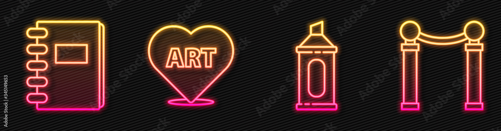 Set line Marker pen, Spiral notebook, Heart with text art and Exhibition of paintings. Glowing neon 