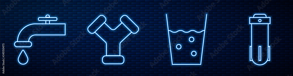 Set line Glass with water, Water tap, Industry metallic pipe and Water filter. Glowing neon icon on 