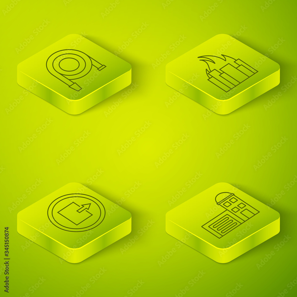 Set Isometric Fire in burning buildings, Fire exit, Building of fire station and Fire hose reel icon