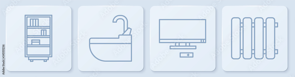 设置线图书馆书架，智能电视，带水龙头的洗手盆和加热散热器。白色方形布