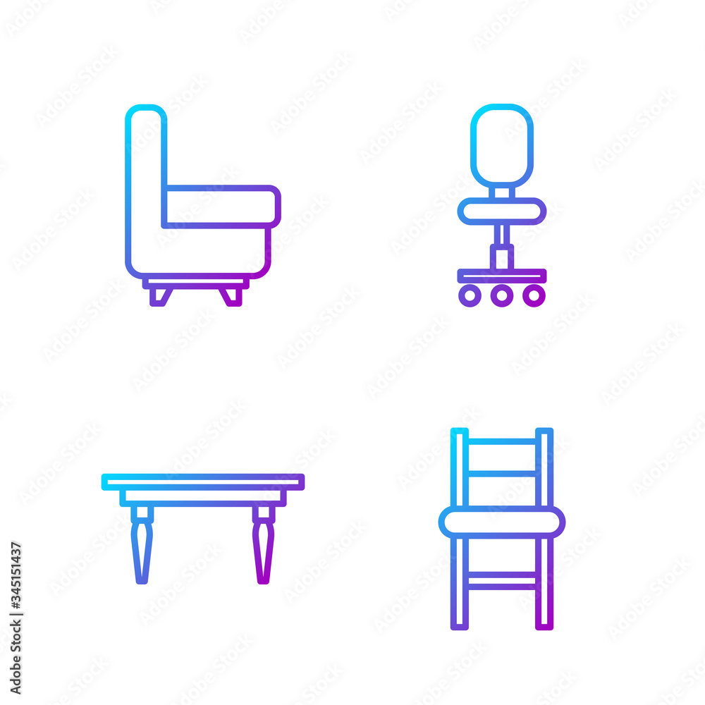 Set line Chair, Wooden table, Armchair and Office chair. Gradient color icons. Vector