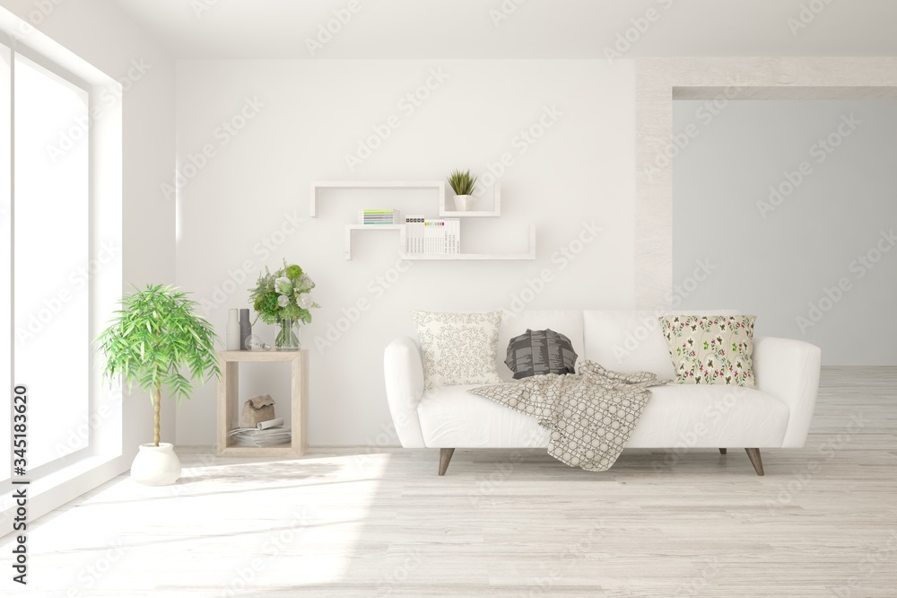 White bedroom interior. Scandinavian design. 3D illustration