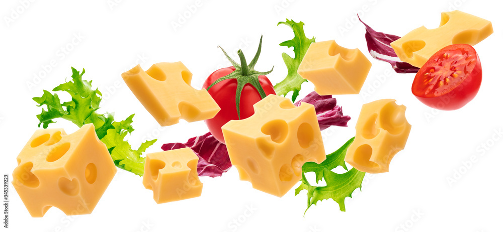 Cheese cubes, pieces of swiss emmental isolated on white background