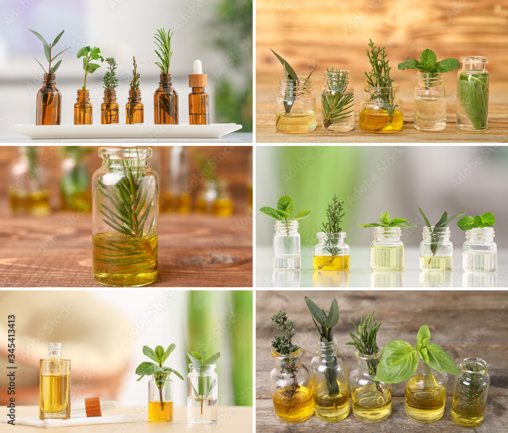 Collage of photos with different essential oils