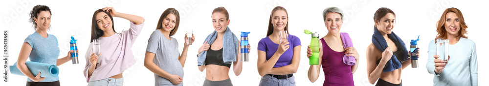 Mature woman with glass of water on white background