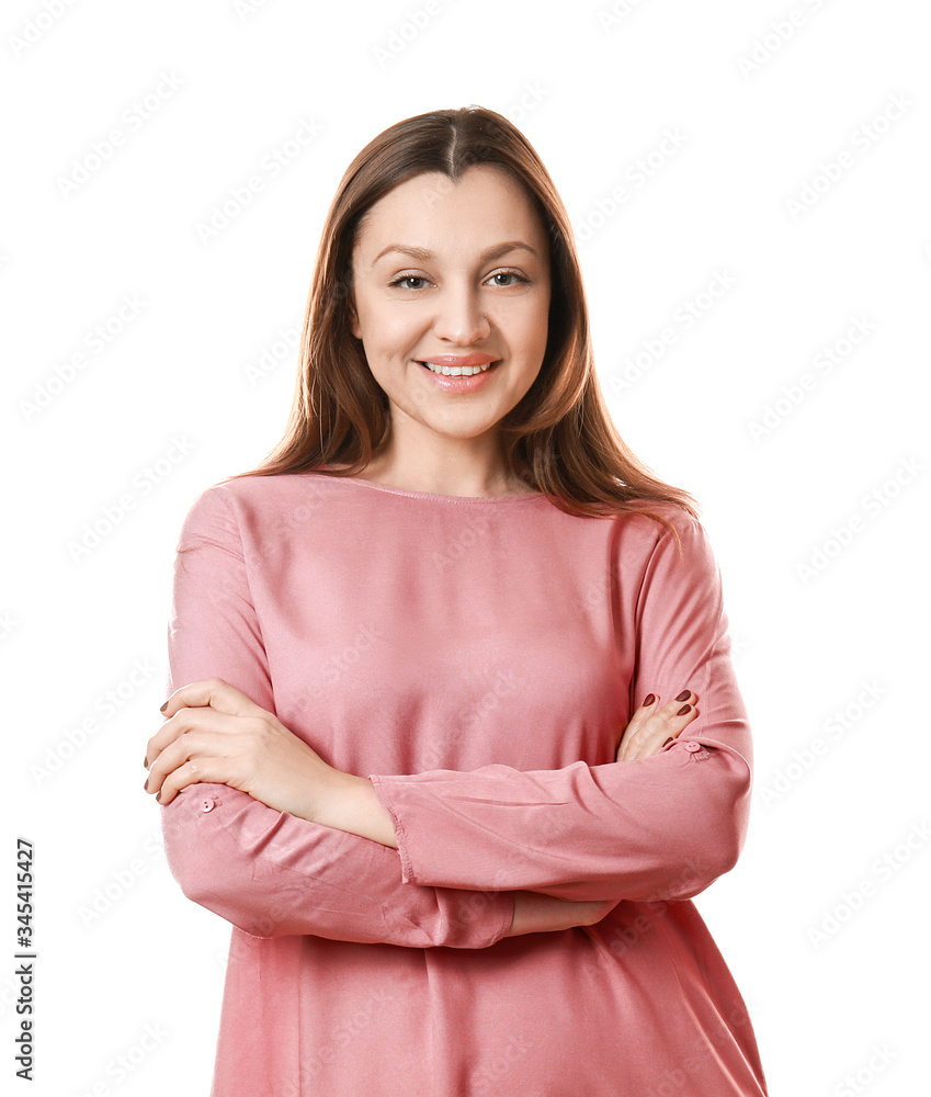 Portrait of beautiful woman on white background