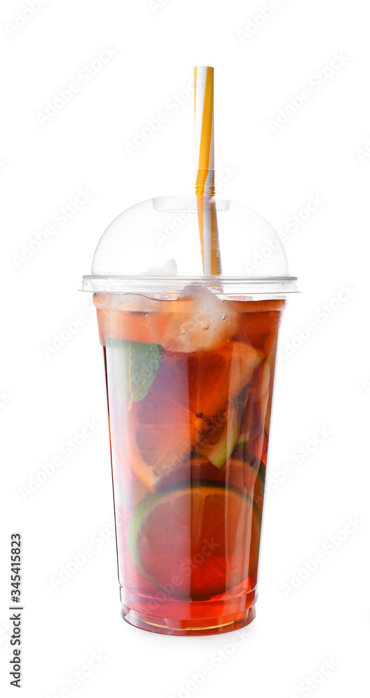 Cup of tasty cold ice tea on white background