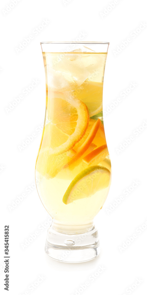 Glass of tasty cold ice tea on white background