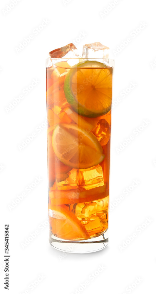 Glass of tasty cold ice tea on white background