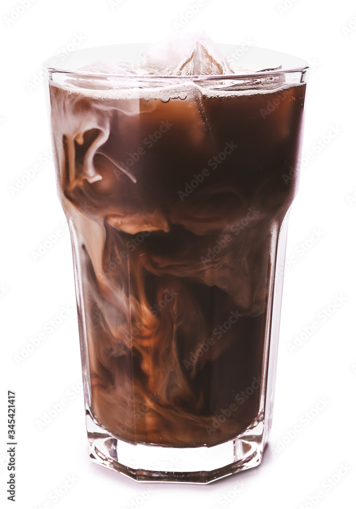 Glass of tasty iced coffee on white background